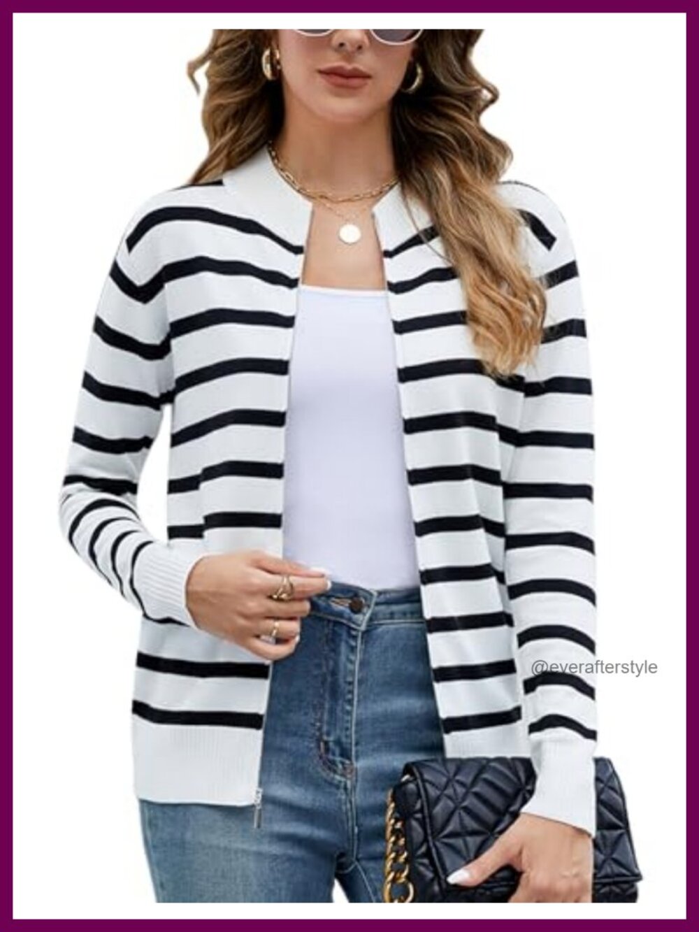 Womens Long Sleeve Knitted Zip Up Cardigan Sweater Lightweight Cotton Crewneck